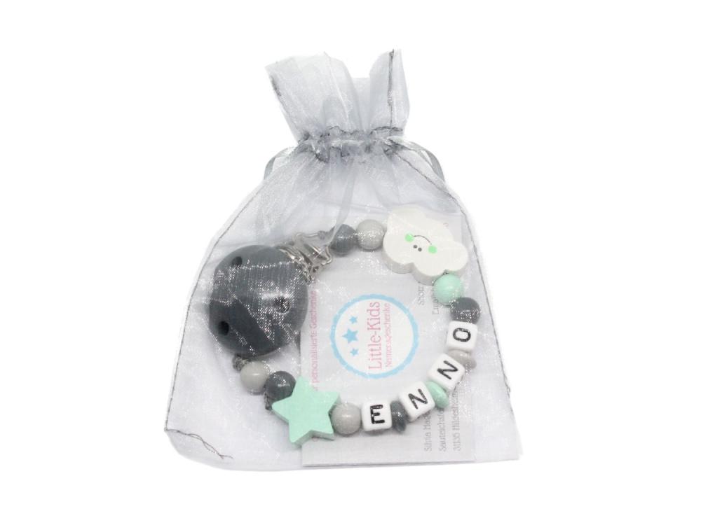 Schnullerkette mit Namen Wolke + Stern dunkelgrau/mint