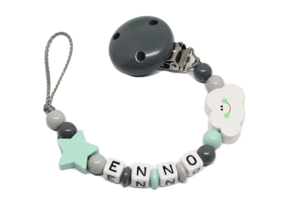 Schnullerkette mit Namen Wolke+Stern grau/mint