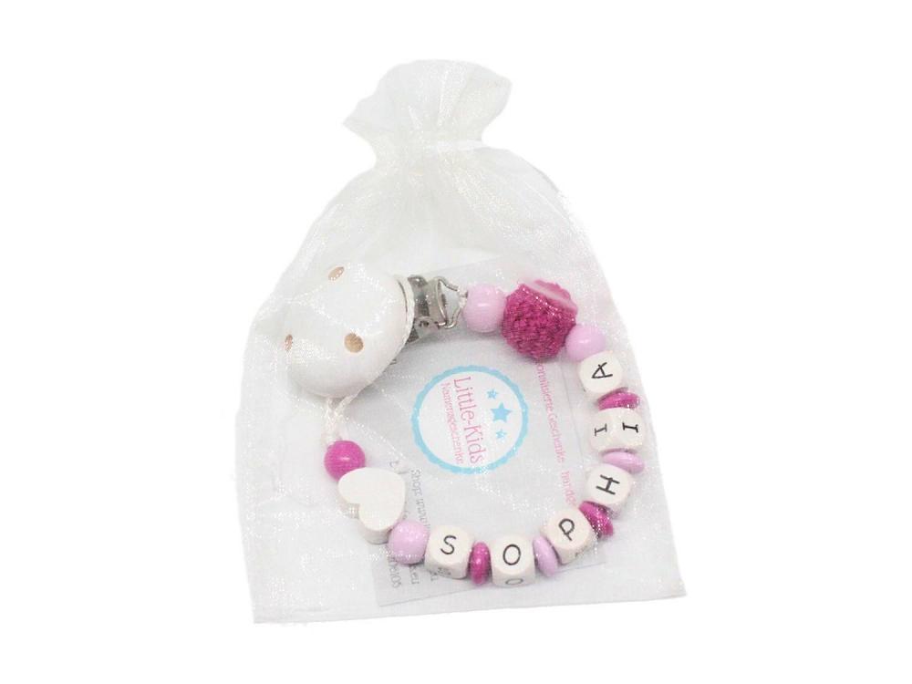Schnullerkette mit Namen Herz+Häkelperle weiß/ pink - Verpackung