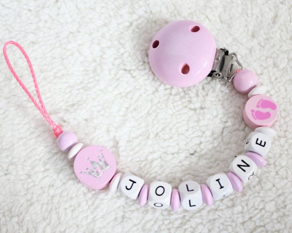 Schnullerkette mit Namen Glitzerkrone + Babyfüße rosa