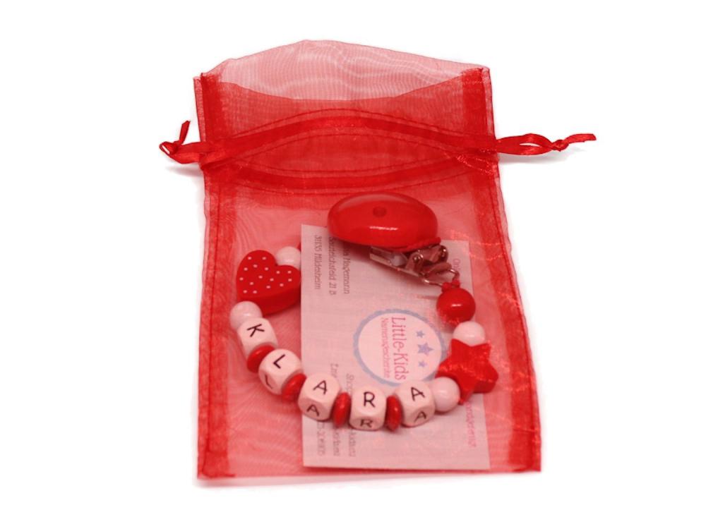Schnullerkette mit Namen Tupfenherz + Stern rot/weiß