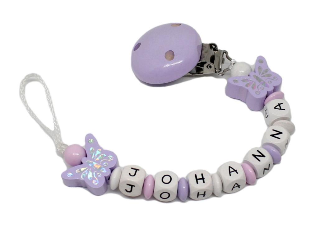Schnullerkette mit Namen Glitzerschmetterling flieder