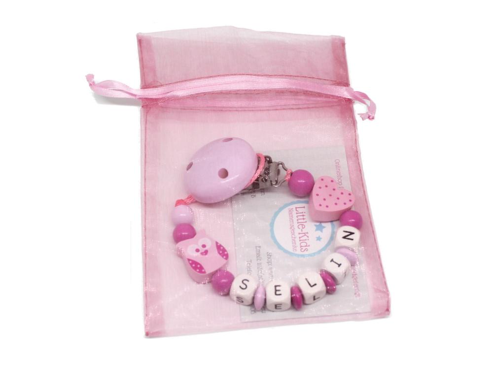 Schnullerkette mit Namen Eule + Tupfenherz rosa