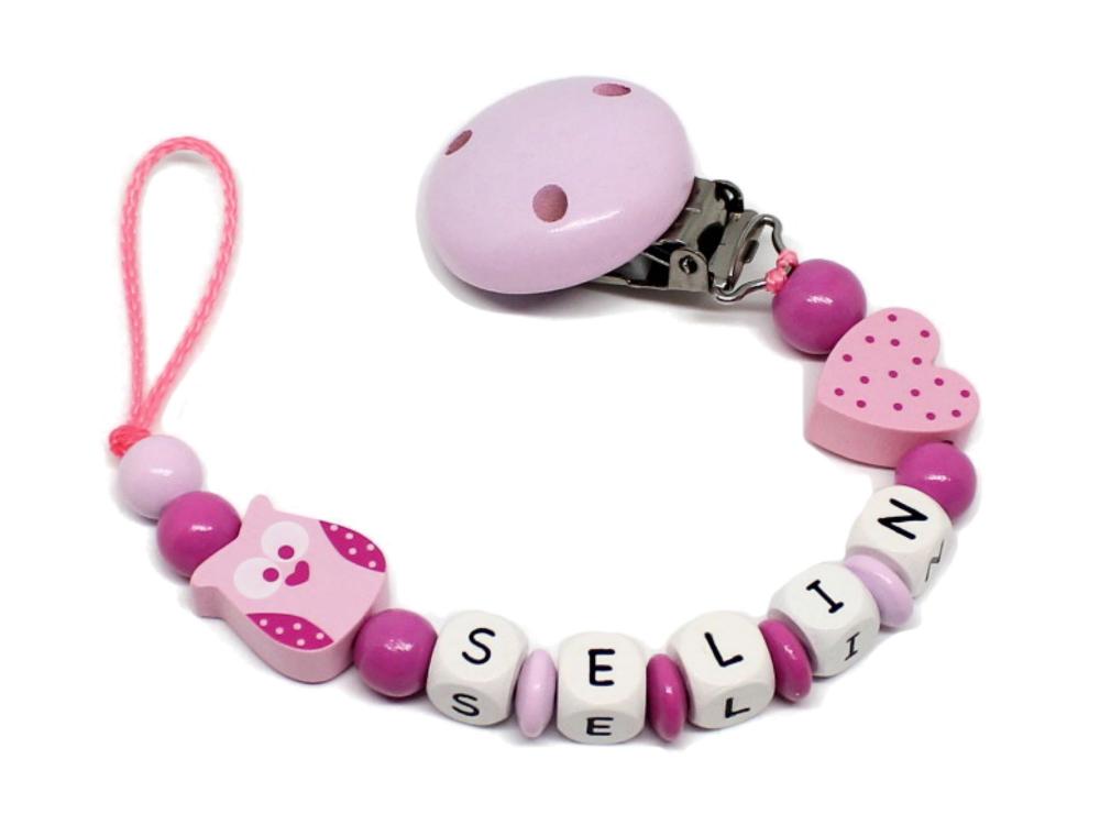 Schnullerkette mit Namen Eule + Herz rosa