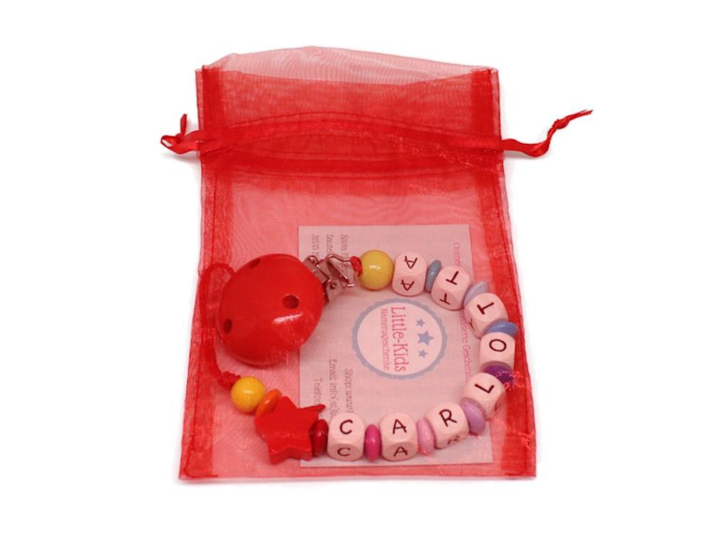 Schnullerkette mit Namen Stern rot/bunt Verpackung