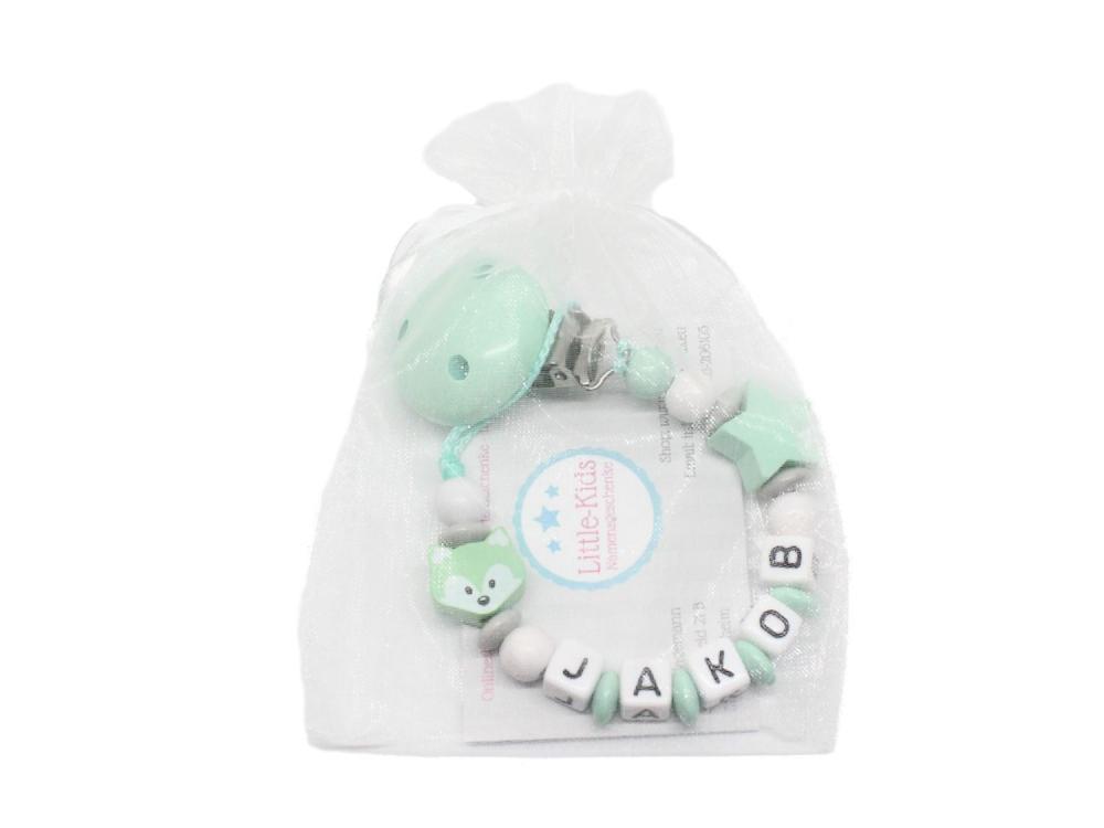 Schnullerkette mit Namen Fuchs + Stern mint