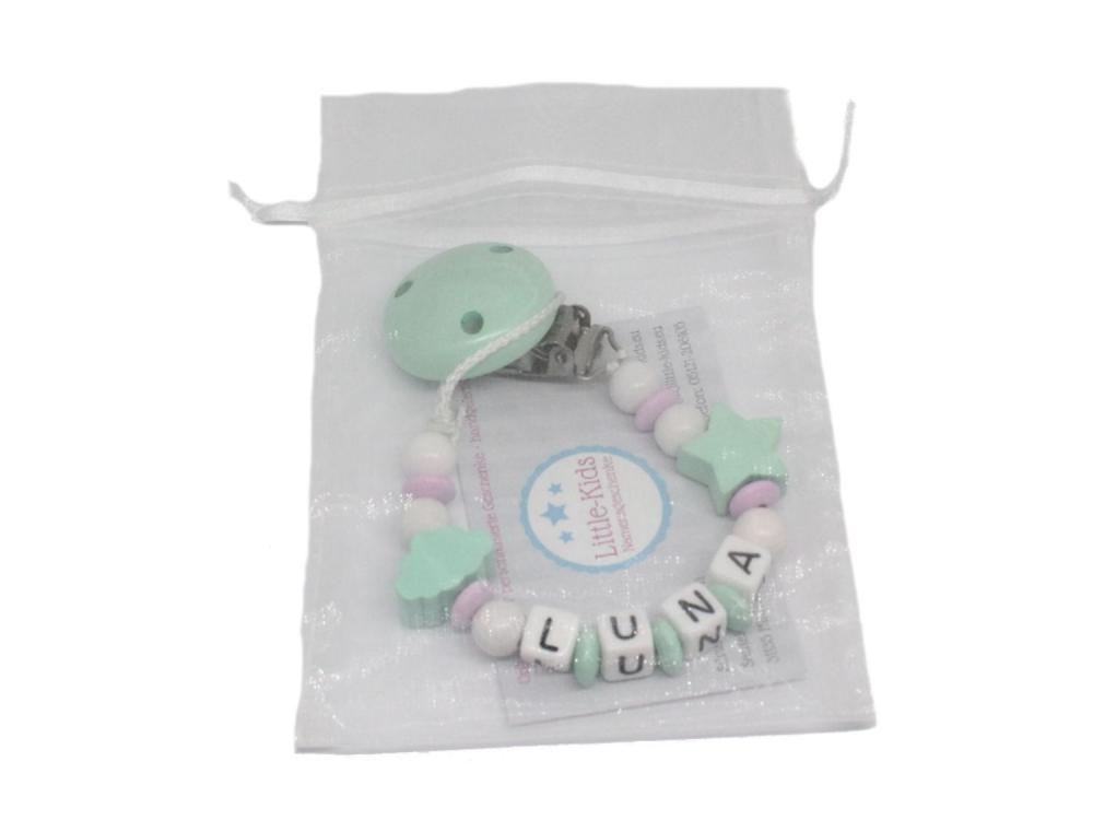 Schnullerkette mit Namen Wolke + Stern mint/rosa