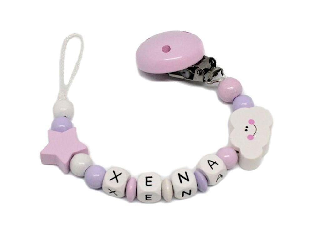 Schnullerkette mit Namen Wolke+Stern rosa/flieder