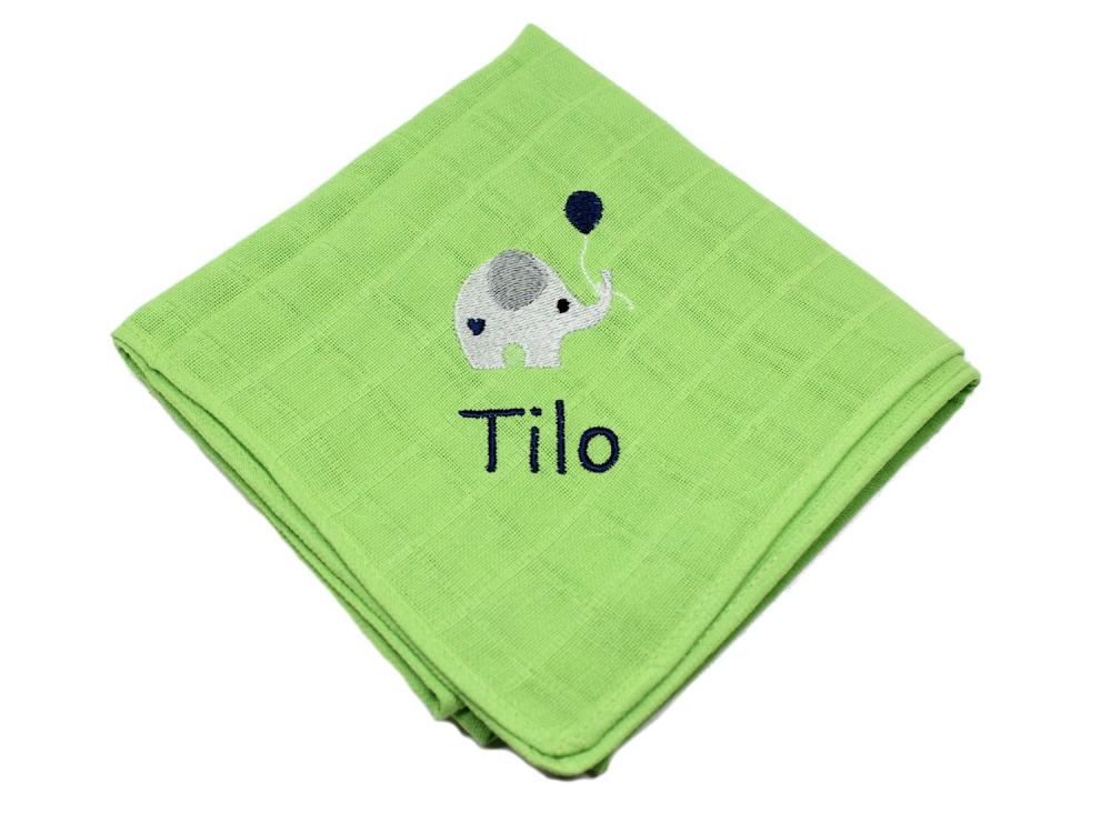 Mulltuch mit Namen bestickt Elefant